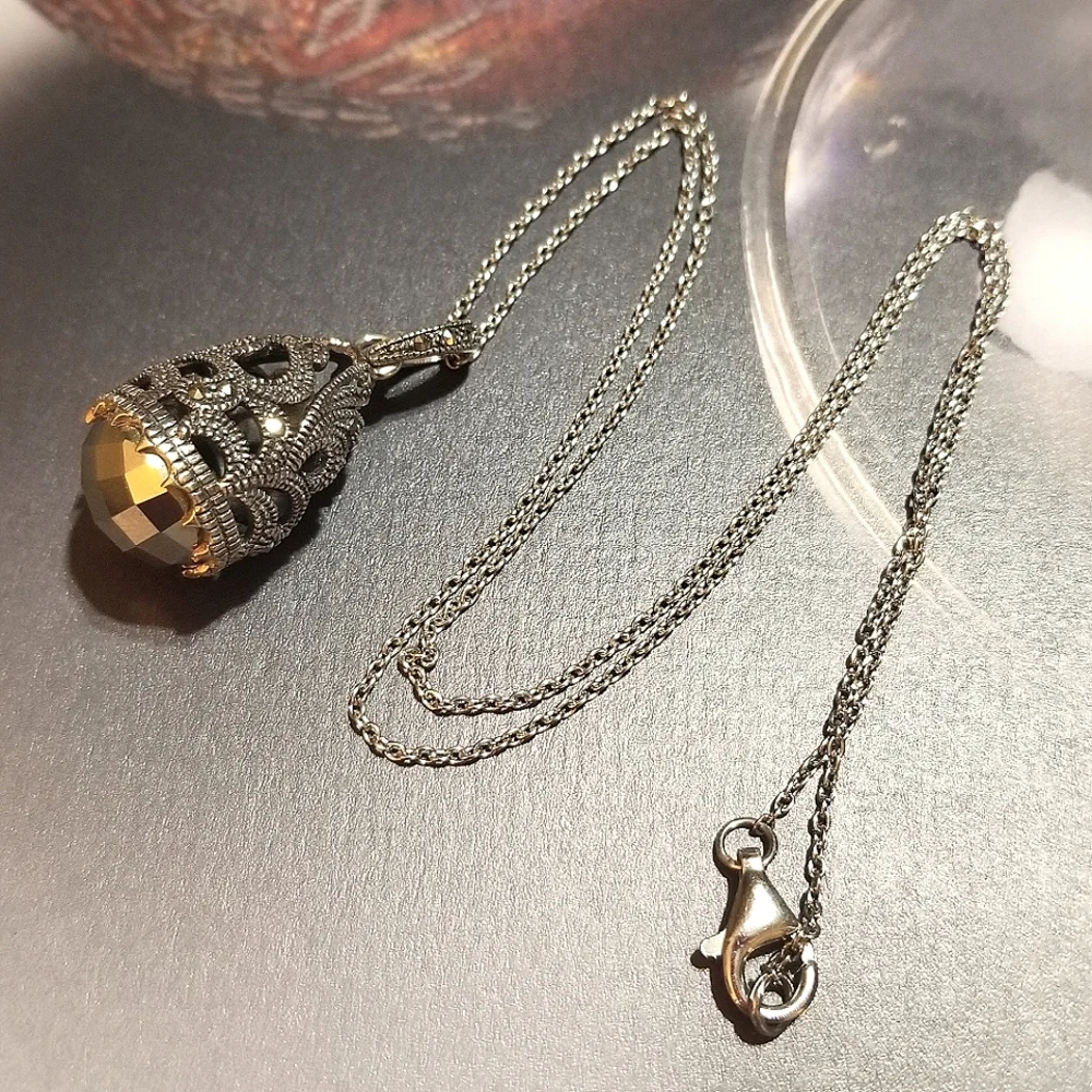 VTG Designer signed MARC Hematite Marcasite Egg Pendant Necklace - Picture 6 of 7